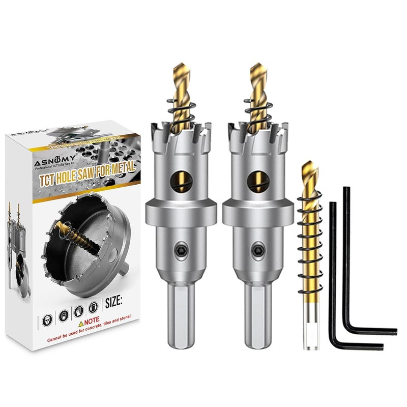 ASNOMY 2Pcs TCT Hole Saw Set for Hard Metal, 7/8 Inch Tungsten Carbide Tipped Hole Saw Cutter with Titanium-Plated Pilot Drill bit for Metal, Stainless Steel, Iron, Wood, Plastic - Image 1